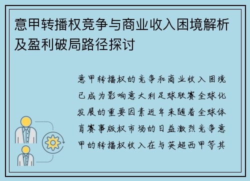 意甲转播权竞争与商业收入困境解析及盈利破局路径探讨